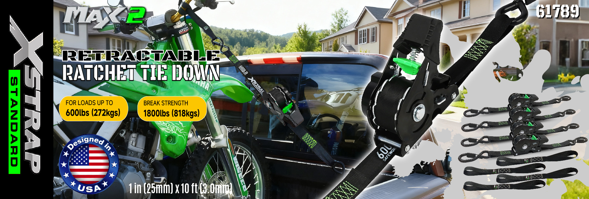 Xstrap 61789 Cinghie di ancoraggio a cricchetto retrattili 1 x 10 piedi Cinghie sicure per moto Jetski Kayak Resistenza alla rottura 1.500 libbre/680 kg
