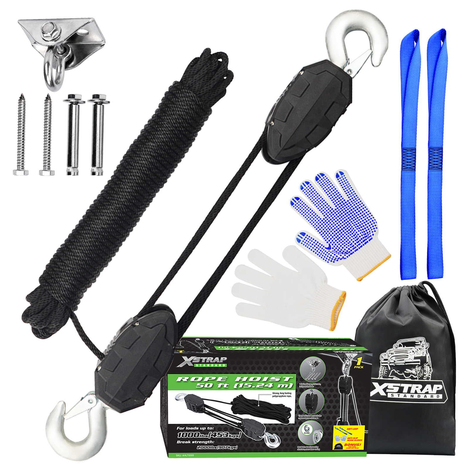 Xstrap AHLT0005 Sistema di pulegge per paranco a fune da 50 piedi 1000 libbre