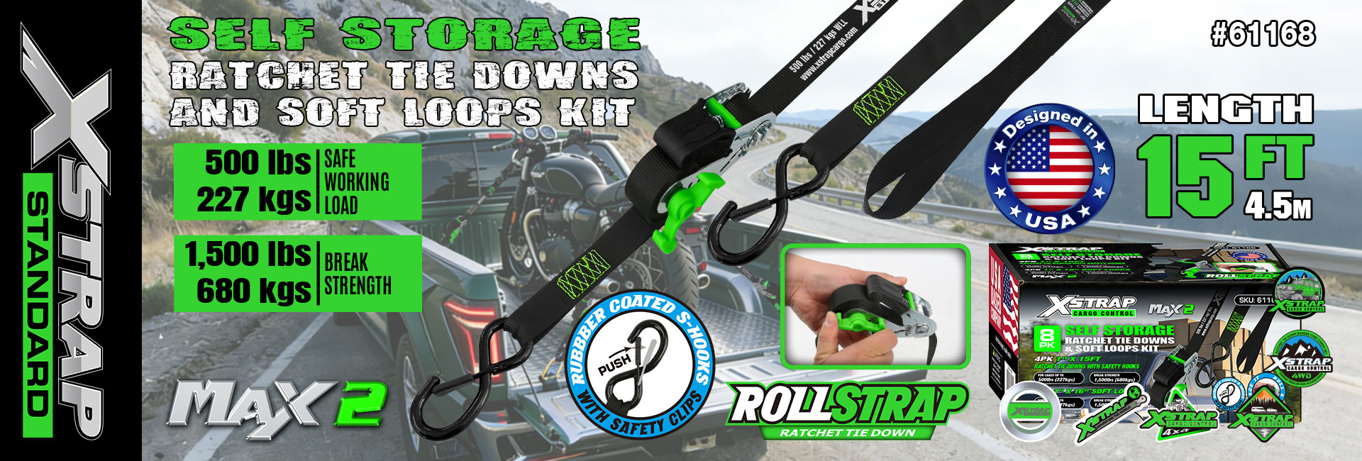 Xstrap 61168 Cravatte a cricchetto per self storage da 1 pollice e 15 piedi, 500 libbre SWL